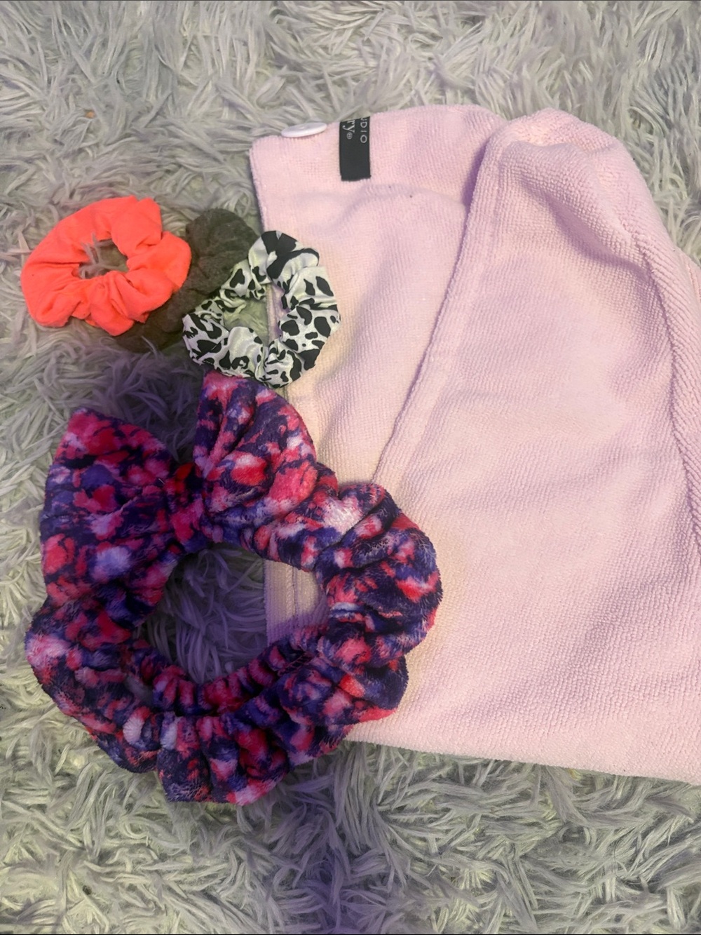 Cozy Pink Microfiber Hair Towel with Assorted Scrunchies